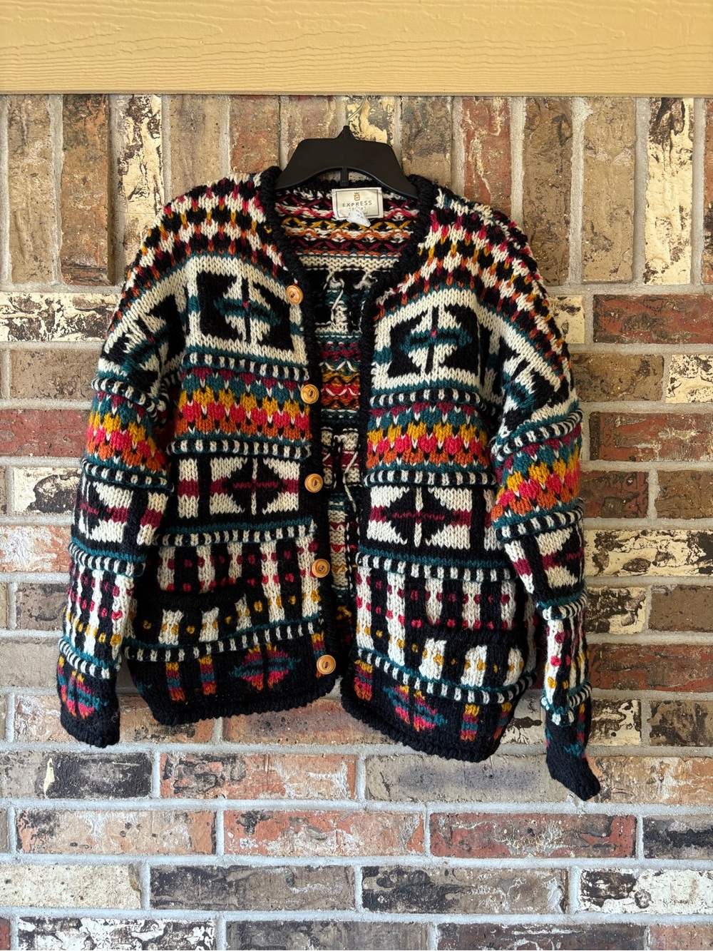 1980’s Express Multicolor Handknit Geometric Wool Cardigan